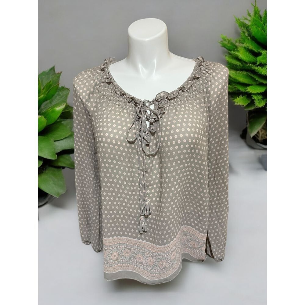 Sophie Max Boho Polka Dot Peasant Blouse‎ Ruffle Neck Lace Up Floral Border L